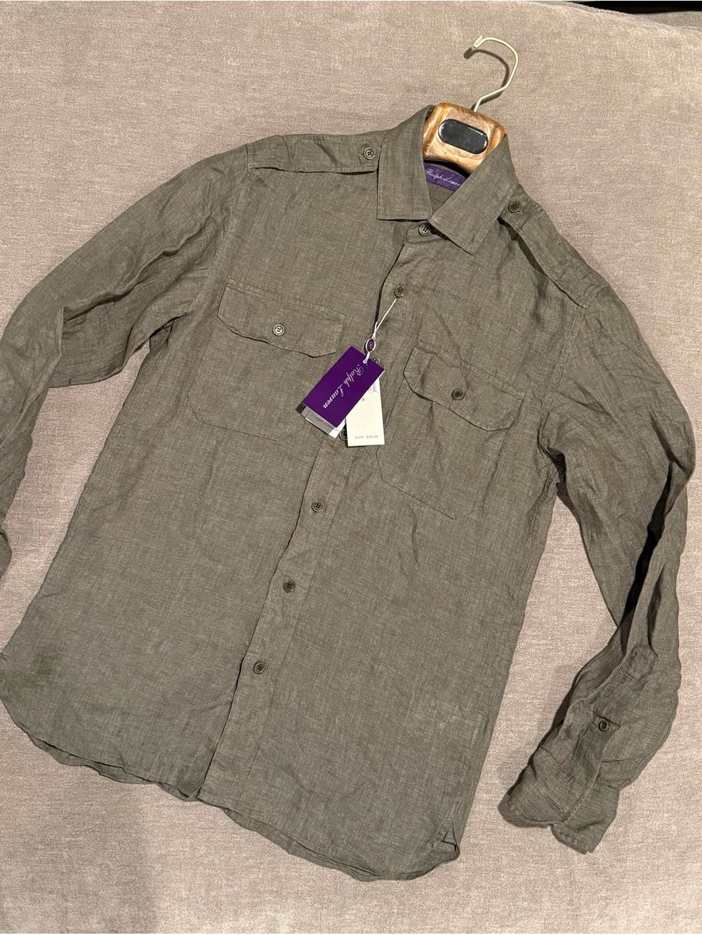 Ralph Lauren Purple Label Olive Linen Safari Casual Button-Down Shirt NWT